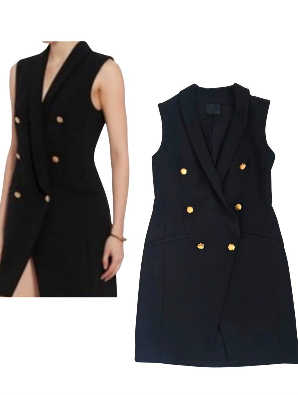 Intermix Black Sleeveless Blazer Dress Gold Crest Buttons Petite P Office Siren